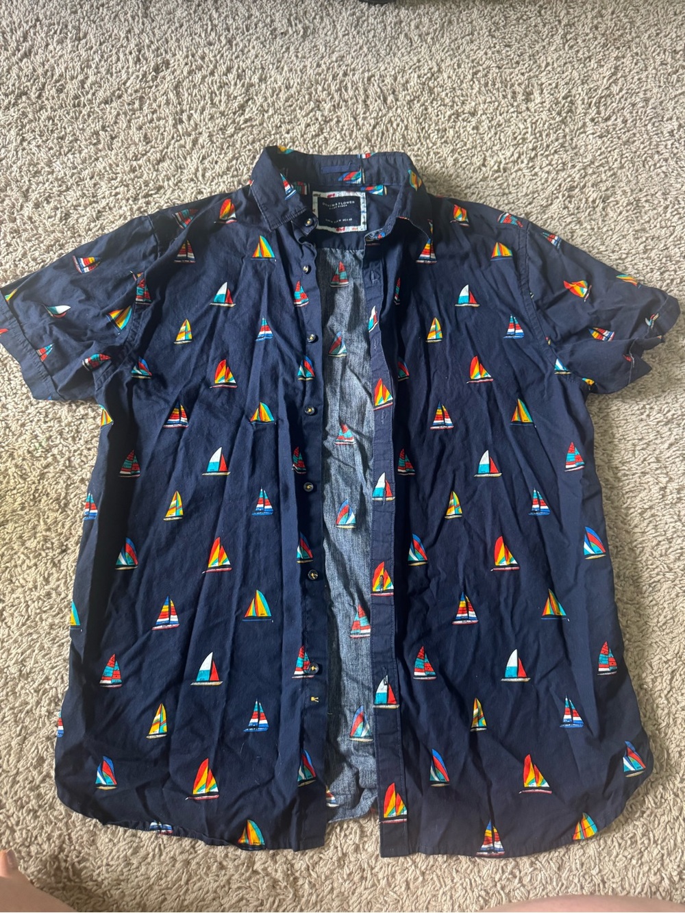 Denim & Flower Navy Short-Sleeve Button-Down Shirt with Multicolor Sailboats